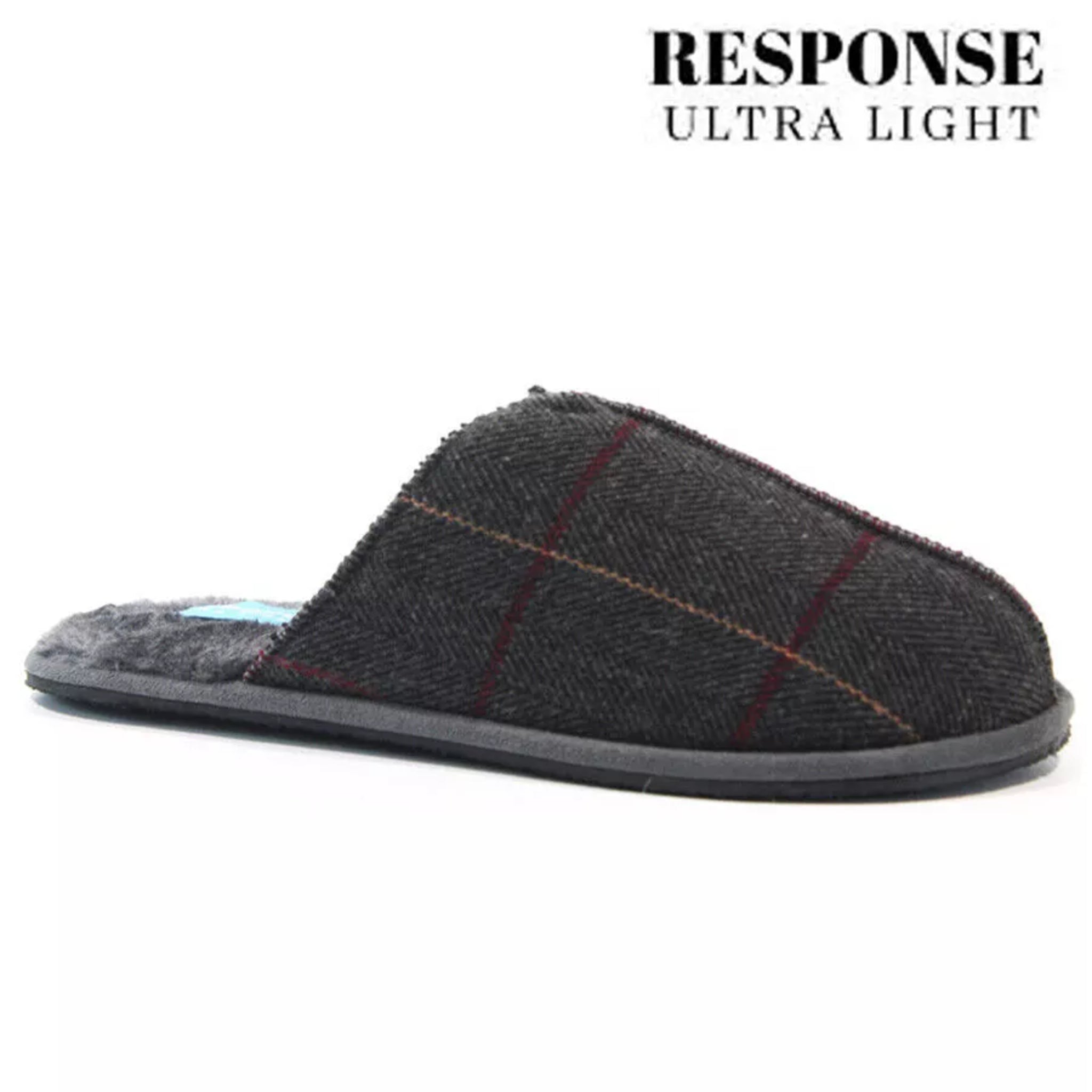 Response Ultra Light men's slip-on mule slippers with grey herringbone check pattern, soft cushioned insole, and lightweight sole for indoor comfort